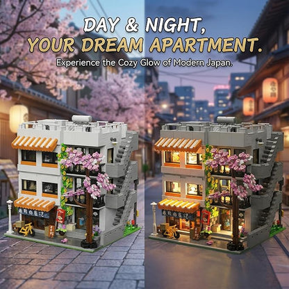 Japanese Apartment Building Street View Building Blocks Set - 3-Story Japan Cherry Blossom Architecture House with 5 Figures &amp LED Lights Christmas Bithday Gift for Aduls（3910PCS）