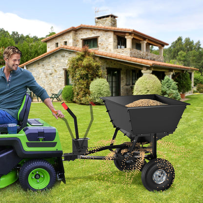 Suchtale Tow-Behind Broadcast Spreader, 130 lbs Capacity, Heavy Duty Fertilizer and Seed Spreader with Adjustable Flow Control Lever,10" Pneumatic Tires, Durable Metal Hopper for Various Terrain Type
