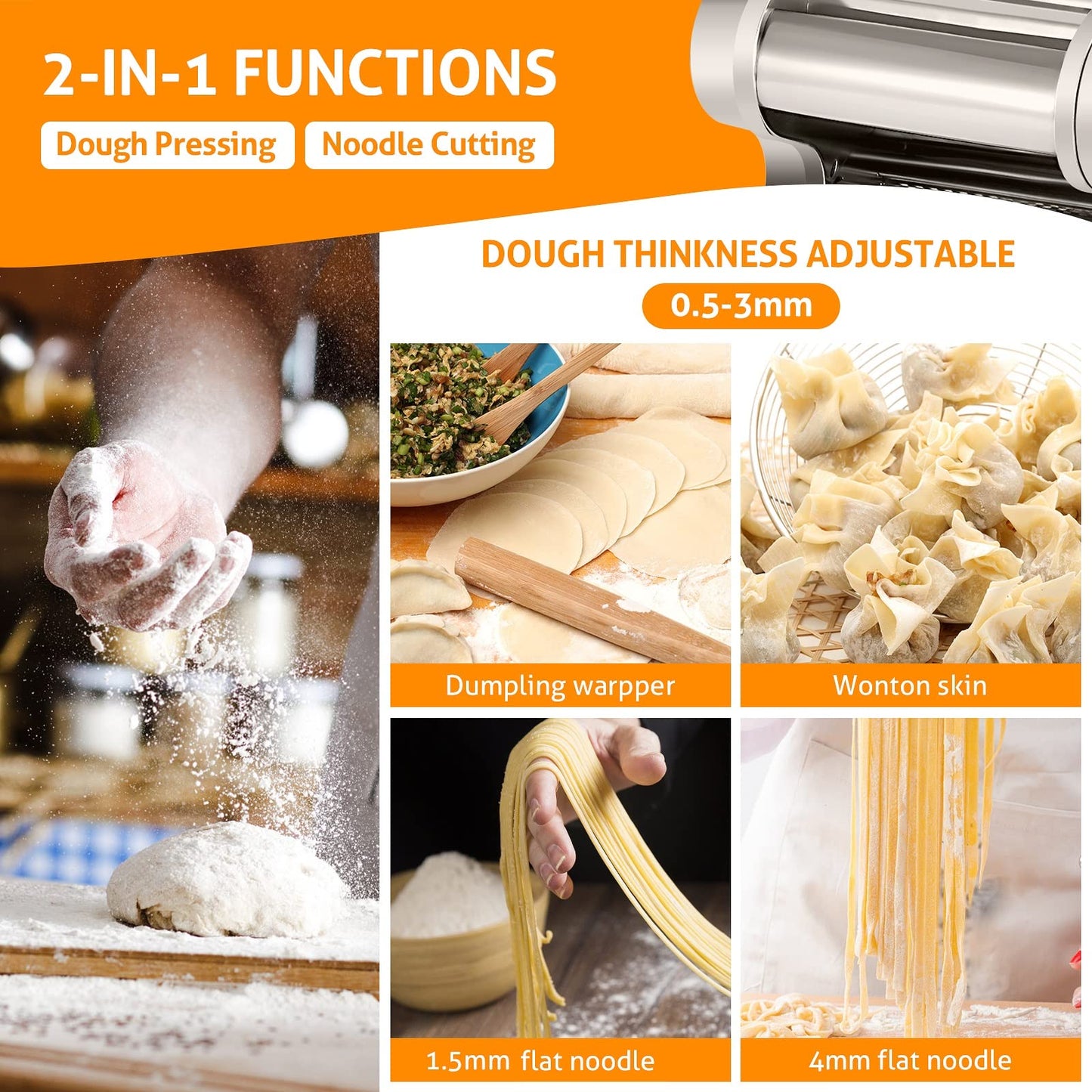 WICHEMI Electric Pasta Maker Machine Pasta Dough Spaghetti Roller Noodle Pressing Machine Stainless Steel 135W for Home Family Use (1.5mm flat noodle+4mm flat noodle)