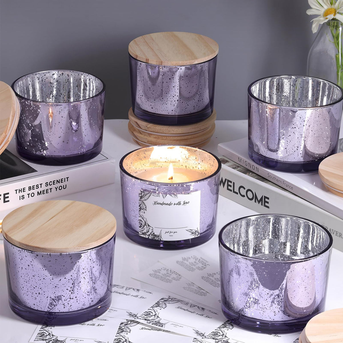 simeitol 16 OZ Purple Candle Jars for Making Candles 6 Pcs, Glass Candle Jar with Lids - Empty Candle Jars Bulk with Sticky Warning Labels - for Home Decor, Wedding, Christmas Decorations