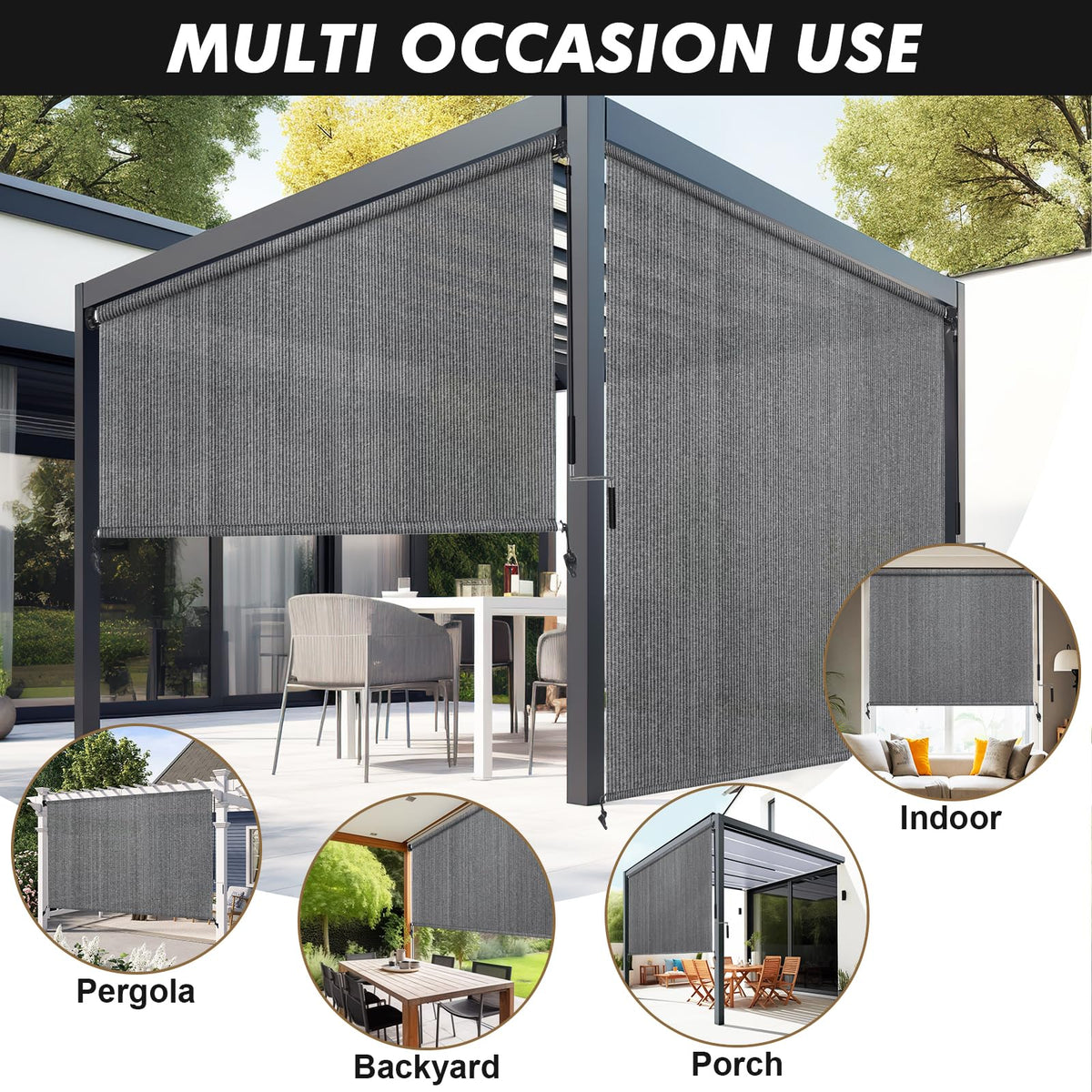 Artpuch Outdoor Roller Shade 9' W x 8' H, Gray Exterior Cordless Patio Shades Roll Up Blinds with Spliced Pole Design, One-Piece Fabric