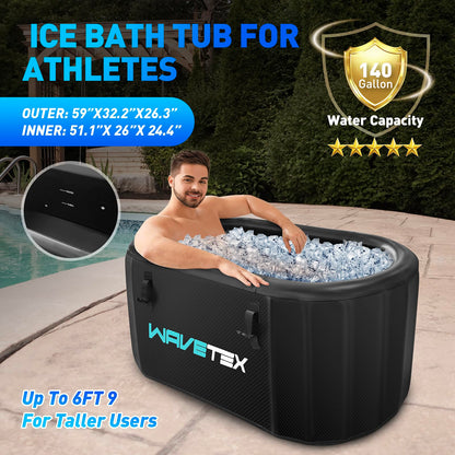 Inflatable Ice Bath Tub for Athletes Compatible with Water Chiller, Portable Recovery Tub with Lid, for Indoor & Outdoor Therapy Recovery, 59 L x 30" W x 28" H, Black (Oval)