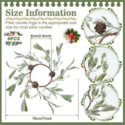 Skiennix Christmas Pillar Candle Rings - 6 Pieces Frosted Mistletoe Wreaths with Pearl Accents for Holiday Decor