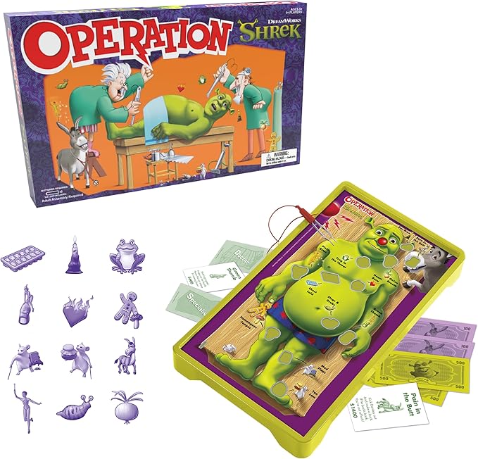Operation: Shrek Board Game Featuring 12 Custom Shrek “Funatomy” Pieces from Pixie Bites to Pain in The Butt Donkey Classic Electronic Remove The Objects or Get The Buzzer Game Officially Licensed