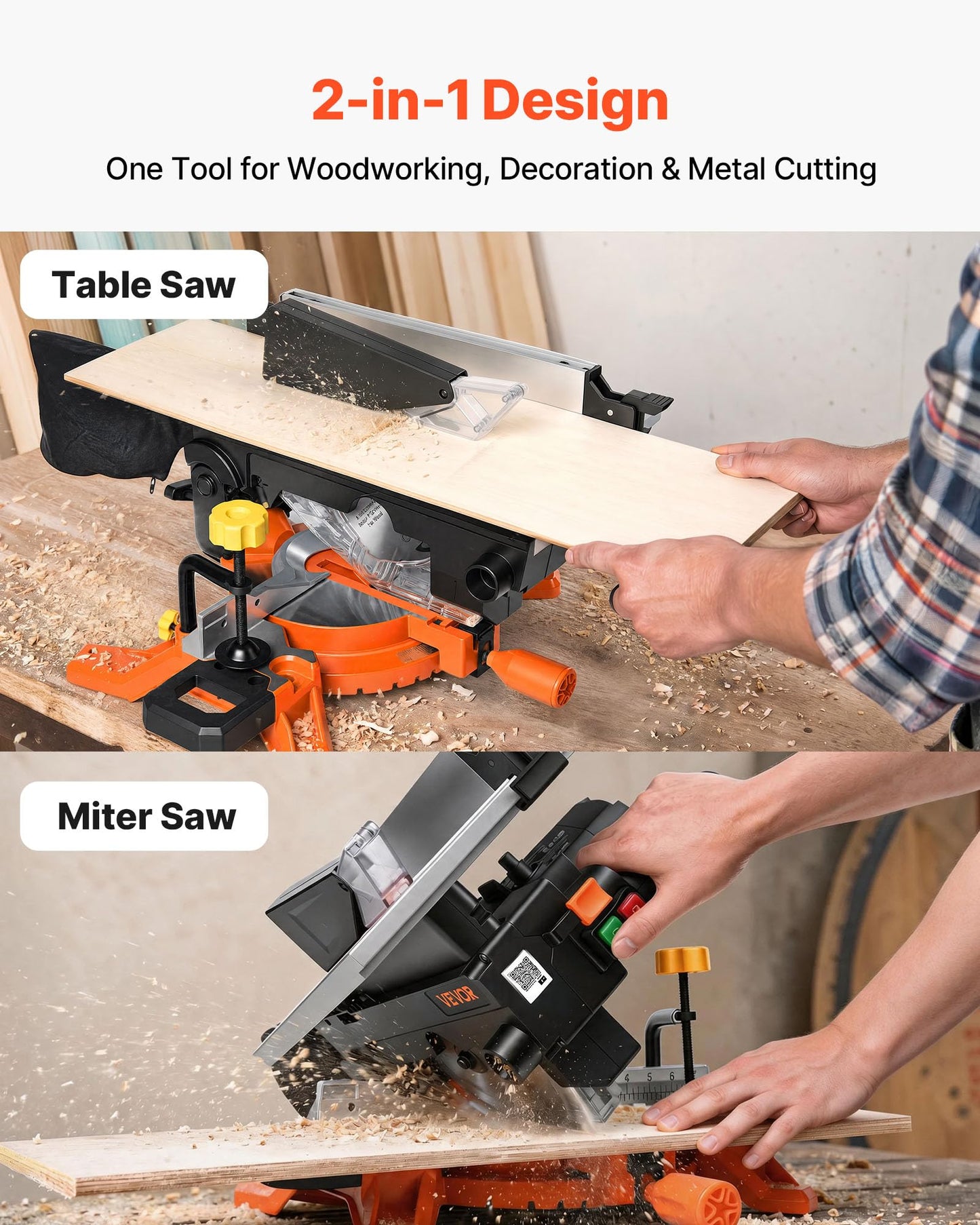 VEVOR Compound Miter Saw, 8-1/4 inch Blade, 2-in-1 Miter/Table Saw, with Precision Laser Alignment, Adjustable Angles, 4800 RPM, with Splash Guard, for Cutting Wood, Metals, Laminates, and Plastic
