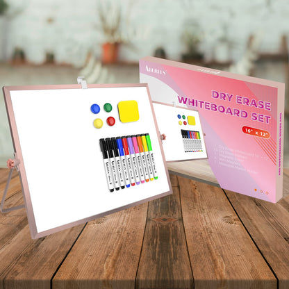 16 x 12 inches Dry Erase Whiteboard, Rose Gold Magnetic Desktop Double-Sided White Board with Stand, 10 Markers, 1 Eraser, 4 Magnets, Portable Whiteboard Easel for School Office Home