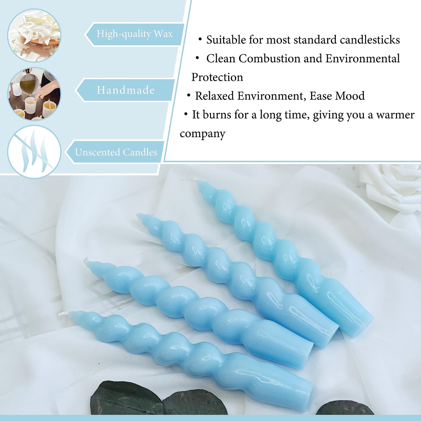 Spiral Taper Candlesticks Blue Candles Stick Twisted Candles H 7.5inch Wax Unscented Dinner Candle Dripless for Home Decor, Relaxation & All Occasions(Blue)