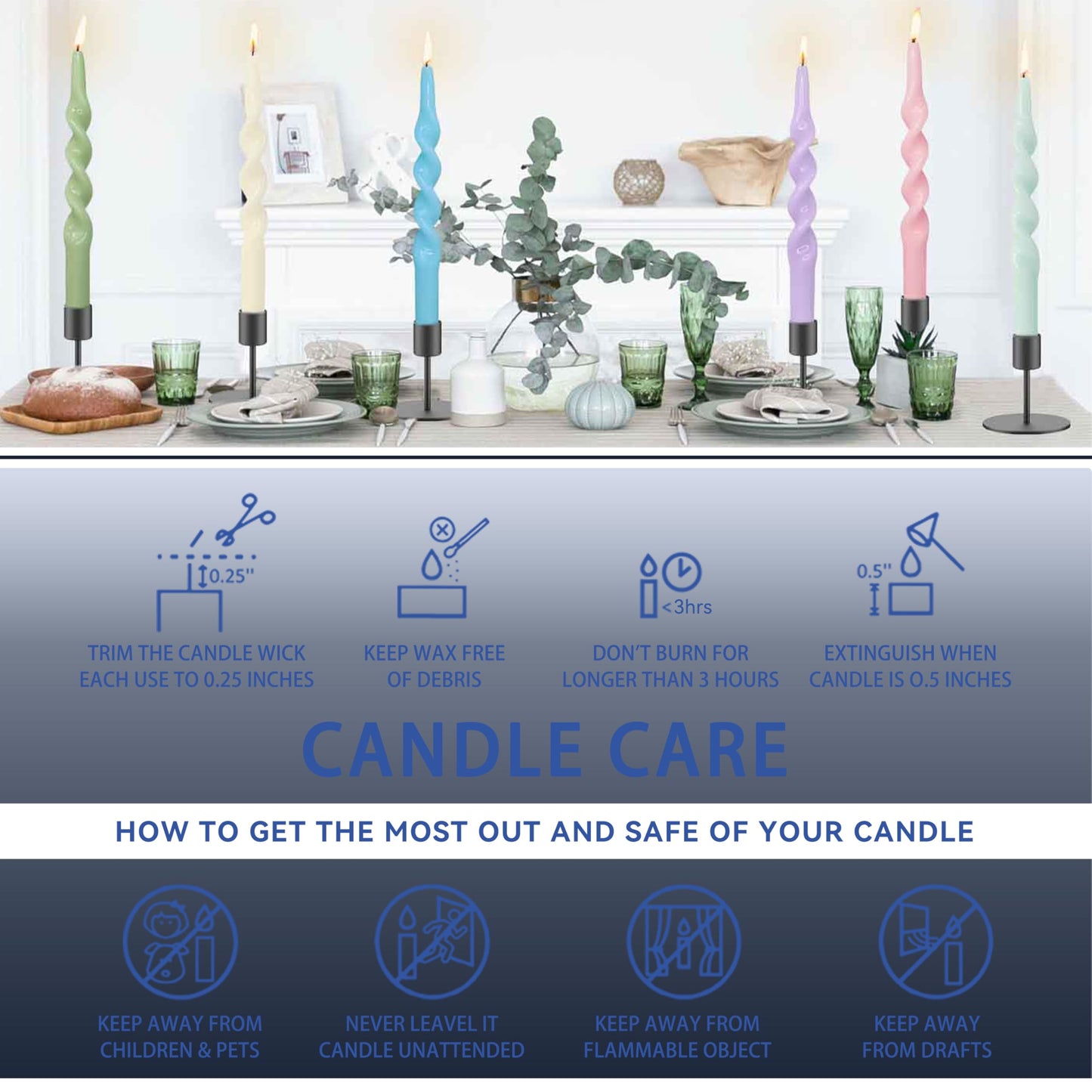 10 Inches Spiral Taper Candles Sticks Navy Blue Twisted Candle Dripless Unscented Long Candles, Handmade Candlesticks for Wedding Dinner Decor, Set of 4