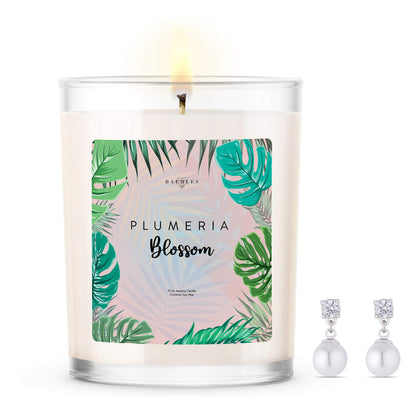 Baubles Plumeria Blossom Scented Premium Candle and Jewelry with Surprise Earring Inside | 10 oz Large Candle | Made in USA | Parrafin Free | Earring