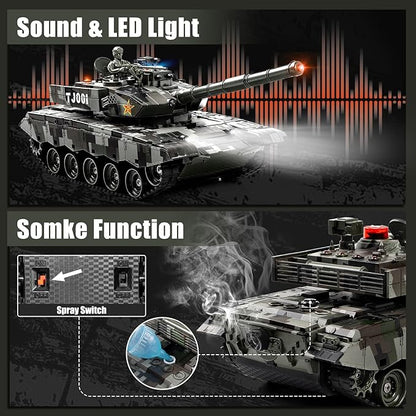 1/24 RC Tank 2.4Ghz Chinese 99 Remote Control Tank &amp 330°Turret Rotation. 2 × Rechargeable Batteries Infrared Battle Toy with Smoke LED Lights and Sound Effect Gift for Boys