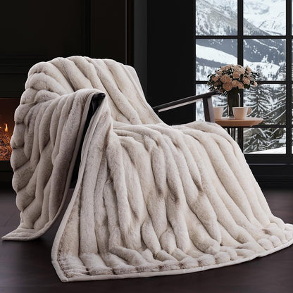 EverGrace Soft Luxury Faux Rabbit Fur Throw Blanket for Couch, Cozy Fluffy Channel Throw Blanket for Bed, Fuzzy Warm Thick Mink Blanket with Reversible Plush Velvet for Winter, Beige, 60"x80", 820GSM