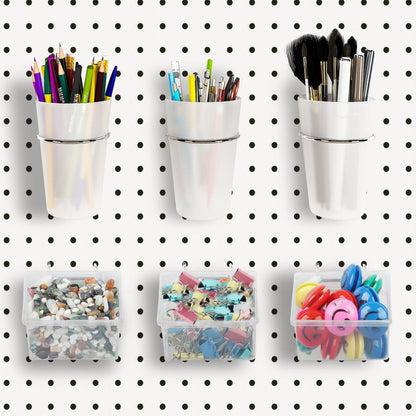 Kuhome 6 Sets Pegboard Bins and Cups with Pegboard Hooks, Pegboard Accessories Baskets, Hooks for Pegboard Cup Holder for Organizing Craft Tools Storage Garage Office Workbench Transparent