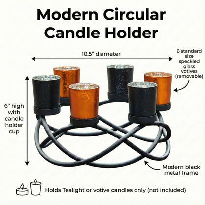 Seraphic Halloween Centerpieces for Decorations - Round Candle Holders for Outdoor Patio, Dining, Kitchen, Coffee & Wedding Table Decor, Black Iron Candelabra, 6 Glass Votive Tealight Cups
