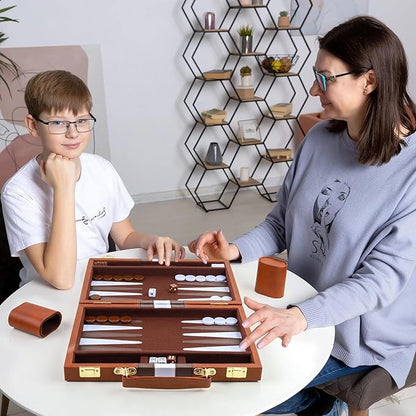 Backgammon Set 2 Players Classic Backgammon Sets for Adults Board Game with PU Leather Case Portable and Travel Backgammon Set (Brown 15inch)