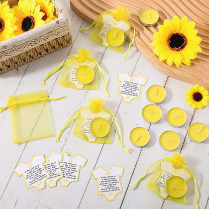 Roowest 50 Set Baby Shower Party Candles Gift for Guests Cute Tea Lights Candle Decorations with Thank You Cards Organza Bags for Girl Boy Baby Shower Gender Reveal Favors(Yellow)