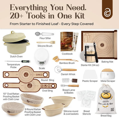 Sourdough Starter Kit with Dutch Oven and Scale - Complete Sourdough Kit with Proofing Baskets, 34oz Jar, Slings, and Other Premium Bread Making Tools - Perfect Baking Gifts for Women, Men, and Bakers