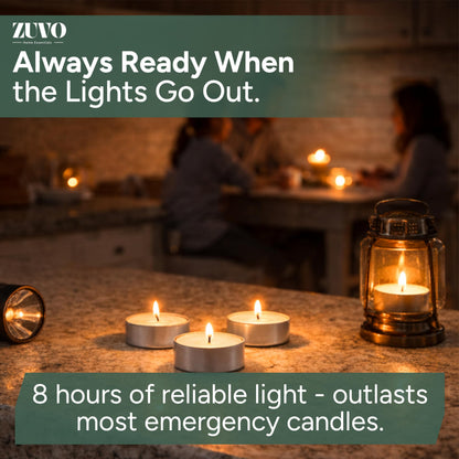Zuvo Tea Lights Candles 8 Hour Burn (100 Pack) - Unscented White Tealight Candles, Long Burning Smokeless Tea Lights for Weddings, Home, Shabbat, Emergency - European Made, Lead-Free Cotton Wick