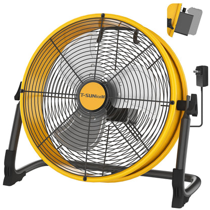 16" Battery Operated Floor Fan Compatible with Dewalt 20V Max Battery, Portable Fan with AC Adapter and USB Output, Metal Industrial High Velocity, Stepless Speed Cordless Fan for Jobsite Camping