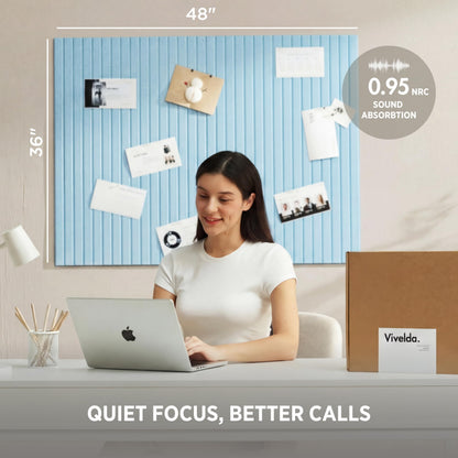 VIVELDA Felt Bulletin Board Tiles 48"x36" - 12-Pack Cork Board Alternative, OEKO-TEX Certified, NRC 0.95 Acoustic Wall Panels, Damage-Free Adhesive, Slatted Design, Home Office & Classroom (Baby Blue)