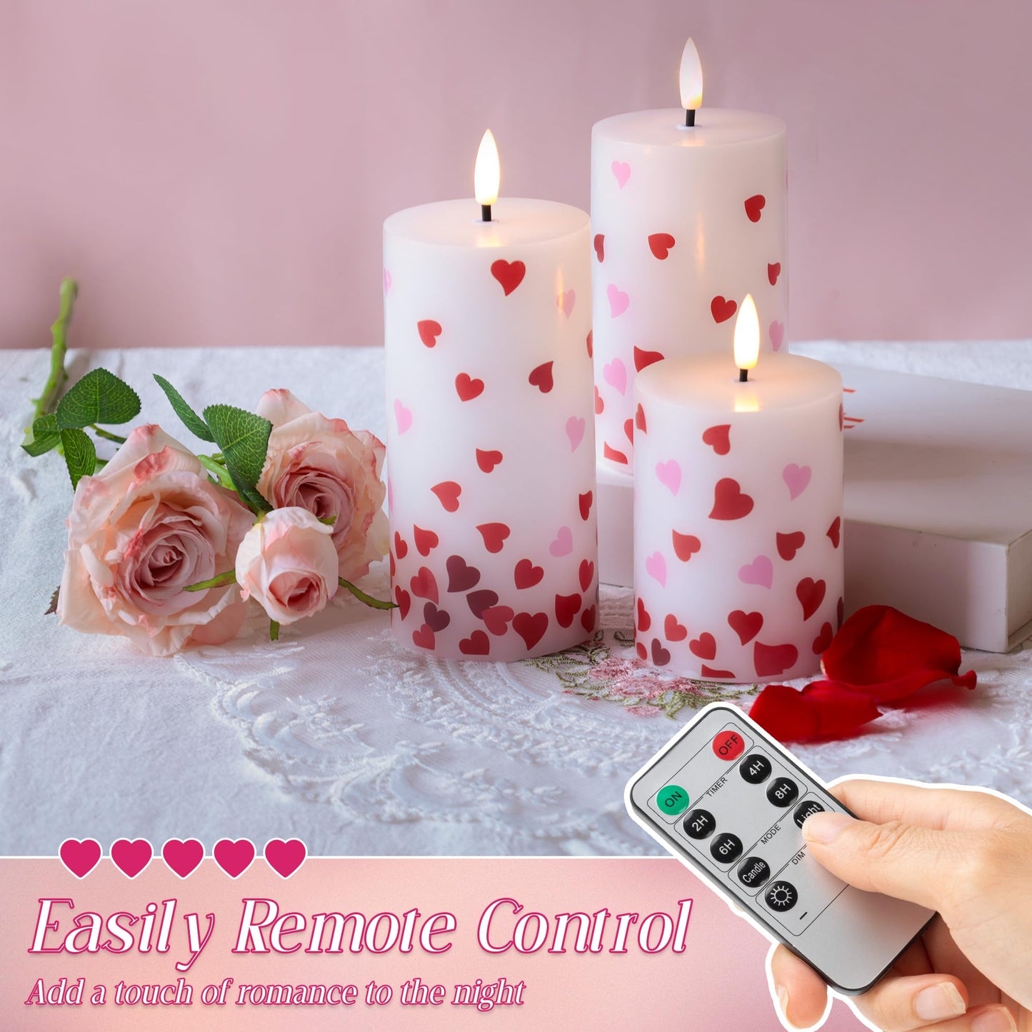 JOIONE Flameless Pillar Candles with Remote, 3 Pack Battery Operated Real Wax LED Candles, Perfect for Home Decorations Fireplace Table, Heart Sticker