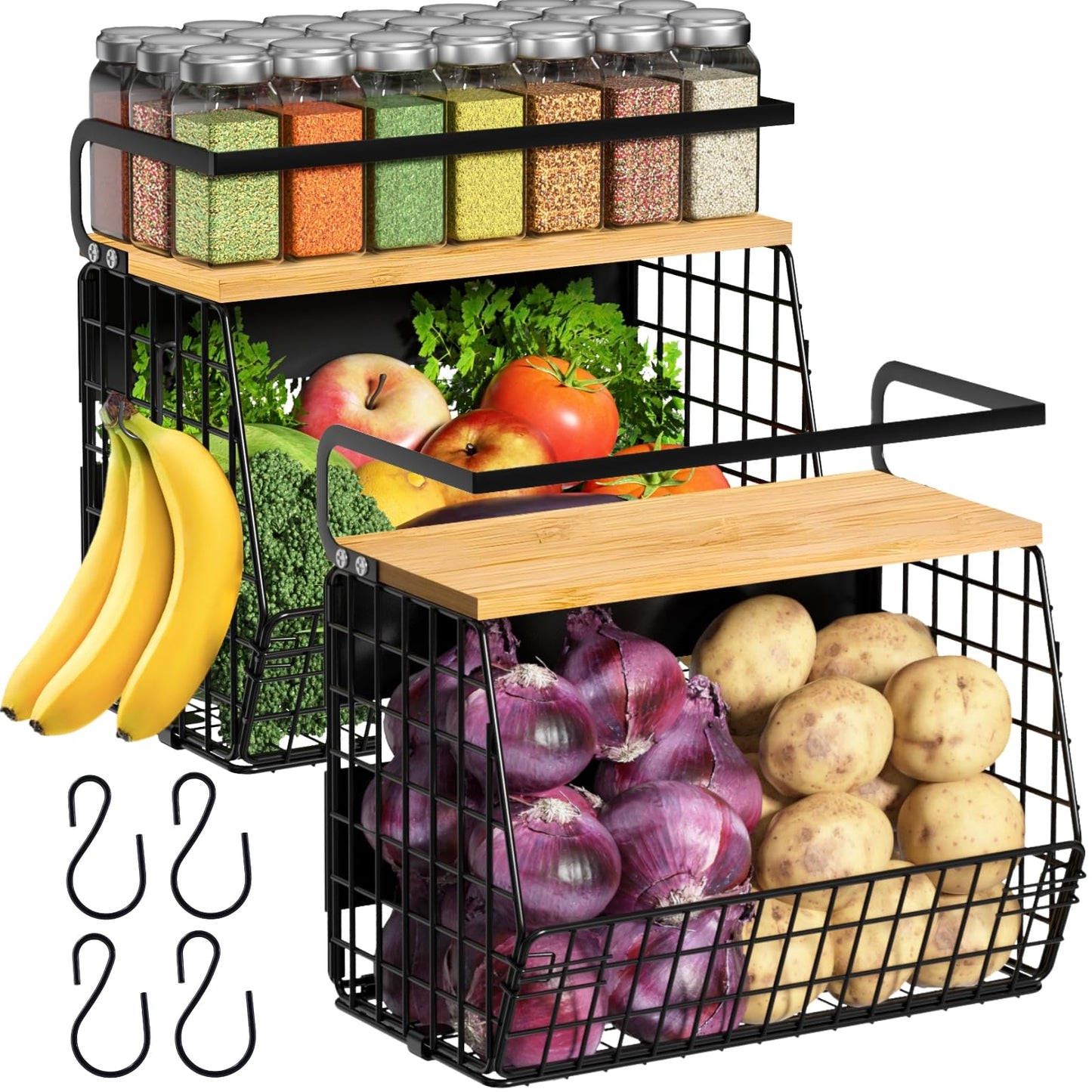 Ofiray-home Magnetic Shelf for Fridge with Wood Lid, Fruit Potato and Onion Storage Bins, Pantry Organizers & Storage, Large Container Magnetic Spice Rack for Refrigerator, Kitchen Counter, Cabinet