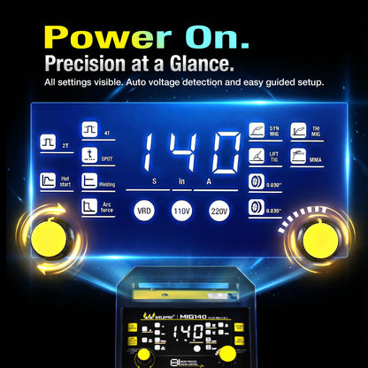 WELDPRO 140A MIG Welder 110/220V, 2026 Newest 5-in-1 Flux Core Welder, Synergic/Thickness Gasless MIG/Lift TIG/MMA/Spot Welding Machine, IGBT Inverter Welder with Large LED Digital Display, 2T/4T