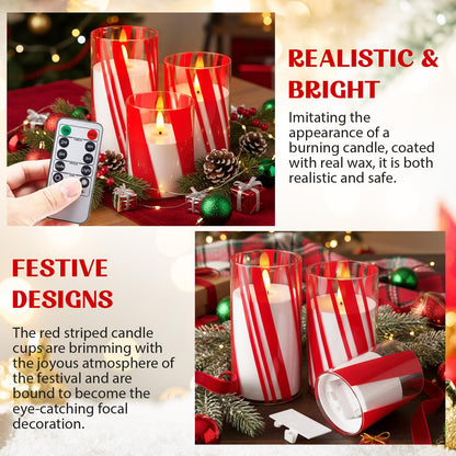 Glooglitter 3 Pcs Candy Cane Flameless Candles with Remote Timers Red Stripe Glass Candlestick Christmas Battery Operated Candles LED Flickering Candlestick for Christmas Party Home Decor