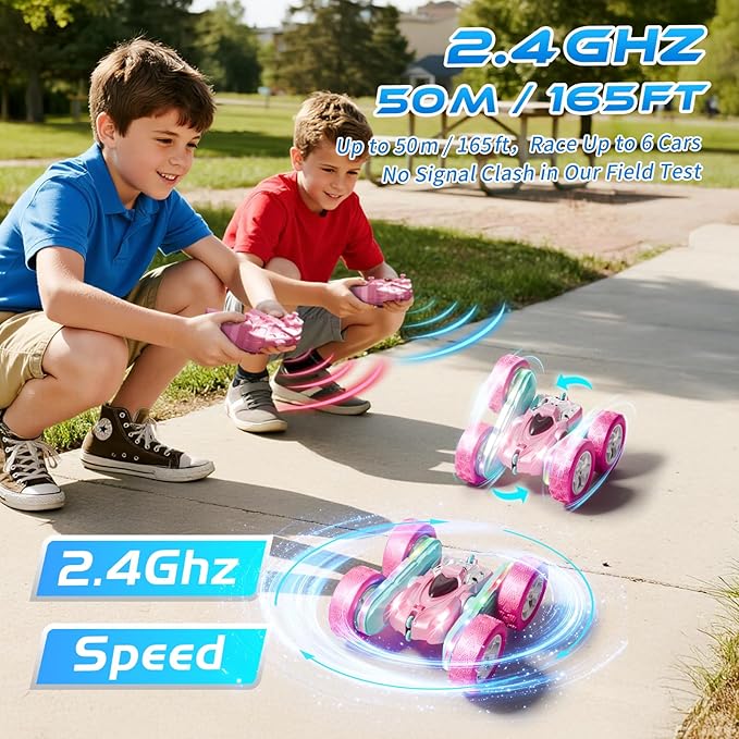 RC Car Pink 4WD Remote Control Car 360° Flip Double‑Sided LED Light Bar &amp Quick‑Swap USB‑C Modular Battery 2.4 GHz No‑Interference Popular Outdoor Beach Toy Popular Gift for Girls Ages 6‑12