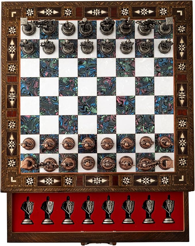 15’’ Unique Handmade Chess Set – Handmade Wooden Storage Board with Metal Chess Pieces – Luxury Gift for Men and Collectors – Gift for Dad (Purple)