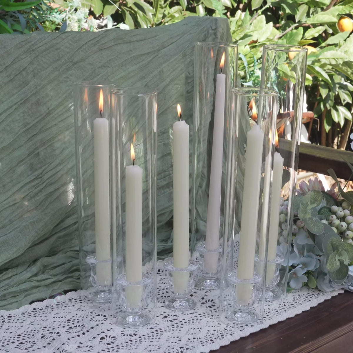 CHILL RECIPE Hurricane Glass Candle Holders-Set of 6 Tall Taper Candle Holder with 14” Tall Clear Cylinder Covers for Wedding Table Centerpiece Home Decor (Floral Base+Clear Chimney)
