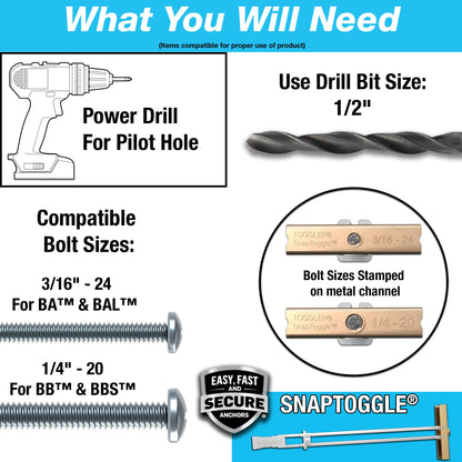 TOGGLER SNAPTOGGLE BB Toggle Anchor with Bolts, Zinc-Plated Steel Channel, Made in US, 3/8" to 3-5/8" Grip Range, for 1/4"-20 UNC Fastener Size (Pack of 10)