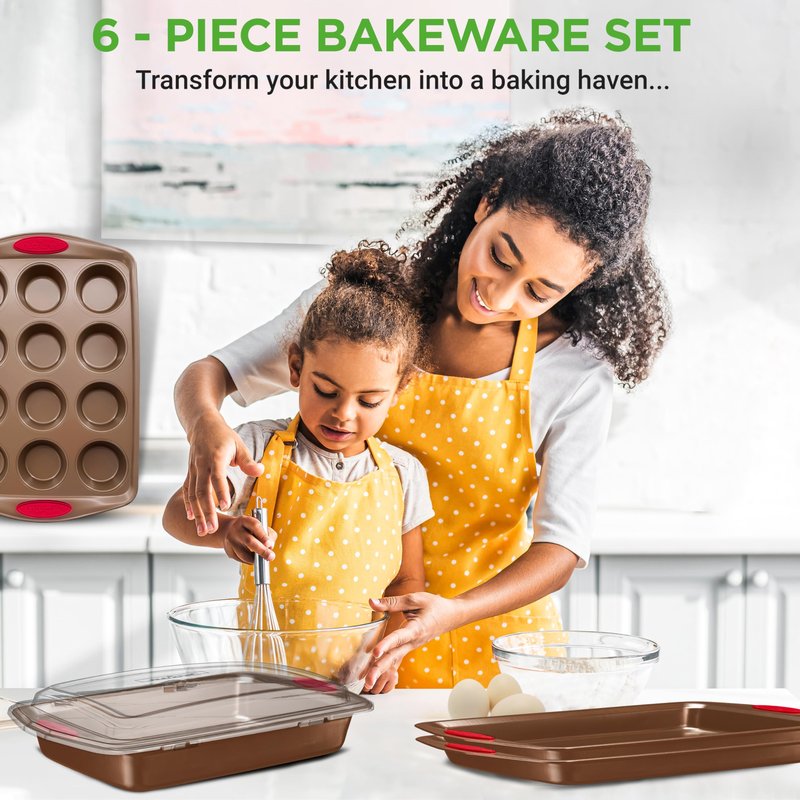 NutriChef 6-Piece Baking Pan Set - PFOA, PFOS, PTFE Free Flexible Nonstick Golden Coating Carbon Steel Bakeware - Professional Home Kitchen Bake Cookie Sheet Stackable Tray w/Red Silicone Handles