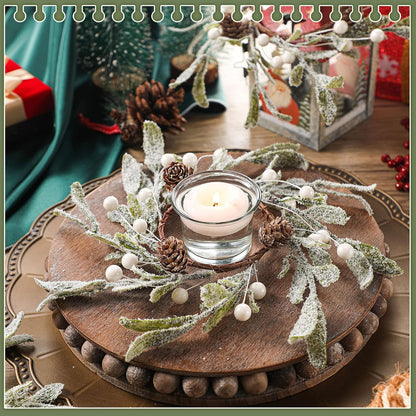 Skiennix Christmas Pillar Candle Rings - 6 Pieces Frosted Mistletoe Wreaths with Pearl Accents for Holiday Decor