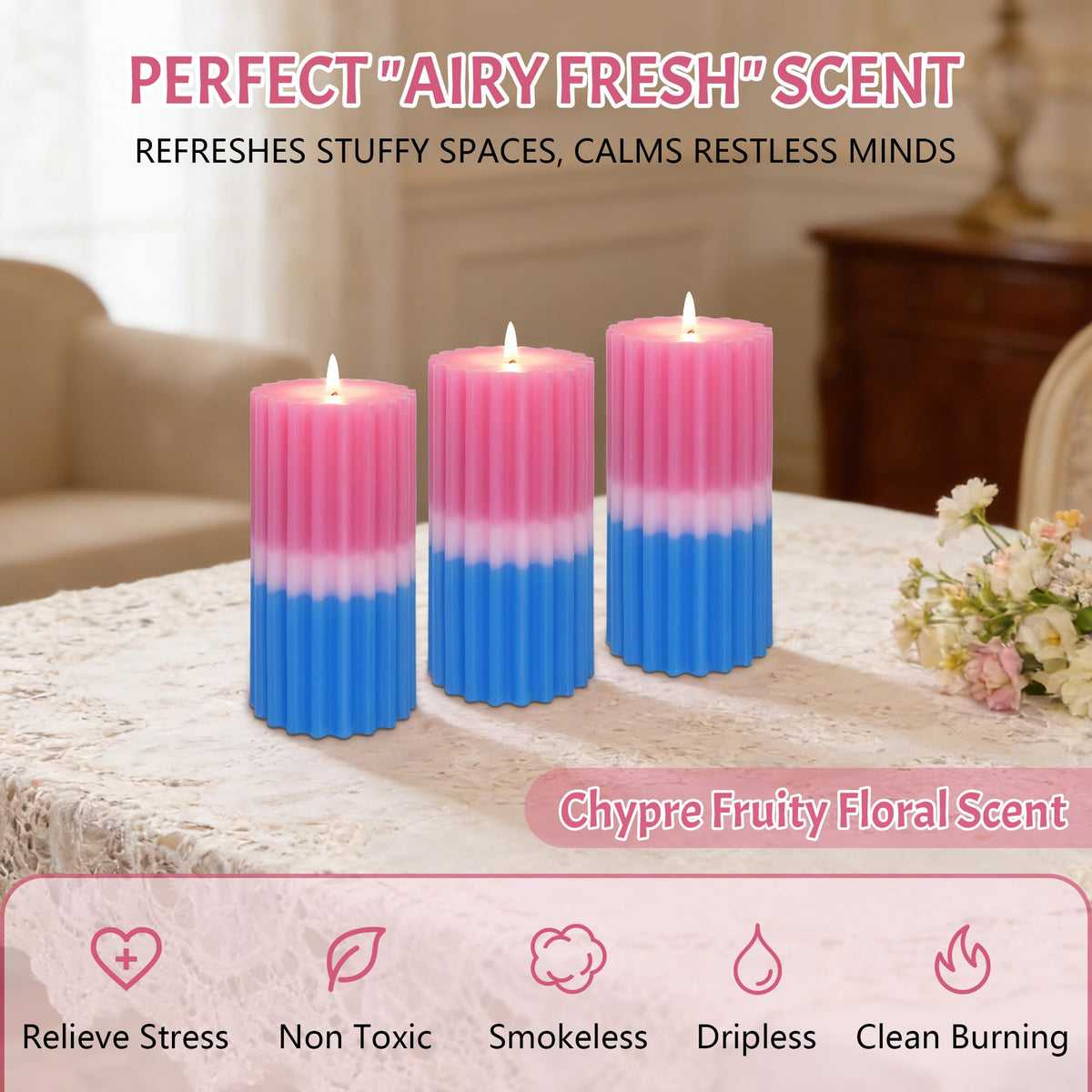 Ribbed Pillar Candles Set of 3 Width 3" High 6" 100% Cotton Core Paraffin Wax Floral & Fruity Scented Candles for Bathroom Living Room Home Decor, 70H+ Long Burning Time|1PC Aromatherapy Candle
