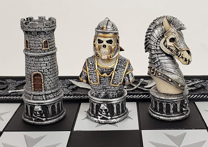 Medieval Times Skull Busts Gothic Fantasy Skeleton Knights Chess Set with 17 Maltese Board