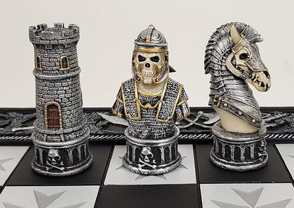 Medieval Times Skull Busts Gothic Fantasy Skeleton Knights Chess Set with 17 Maltese Board