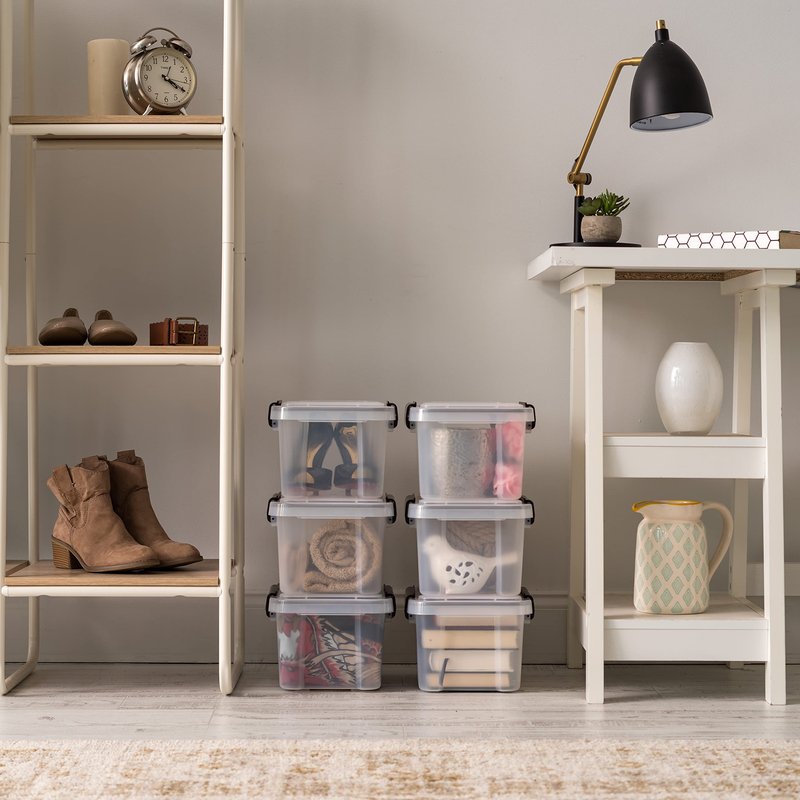 IRIS USA WeatherPro 6 Qt Storage Bins with Lids, 6 Pack, BPA-Free Plastic Gasket Box with Tight Latch and Seal, Stackable Nestable Tote Tub - Clear/Black