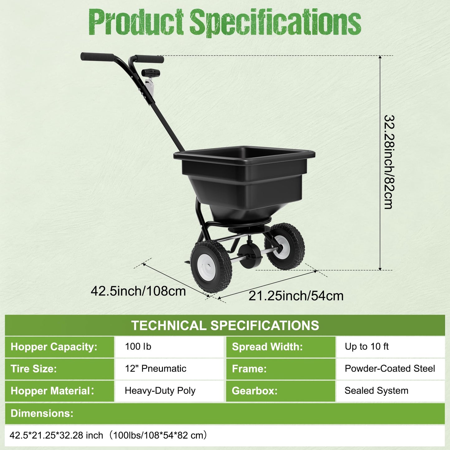 PPOLB Broadcast Spreader for Lawns, 100LB Fertilizer Spreader with 30-Level Flow Control, Walk Behind Lawn Seed & Salt Spreader, 0–10FT Coverage, Hopper Screen, Rain Cover, 12" Pneumatic Wheels