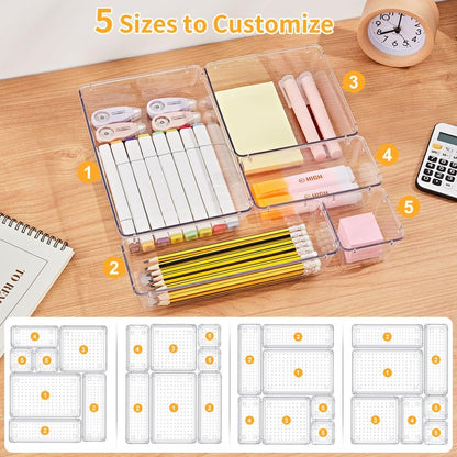 SMARTAKE 13-Piece Drawer Organizers with Non-Slip Silicone Pads, 5-Size Desk Bathroom Drawer Organizer Trays Storage Tray for Makeup, Jewelries, Utensils in Bedroom Dresser, Office and Kitchen, Clear
