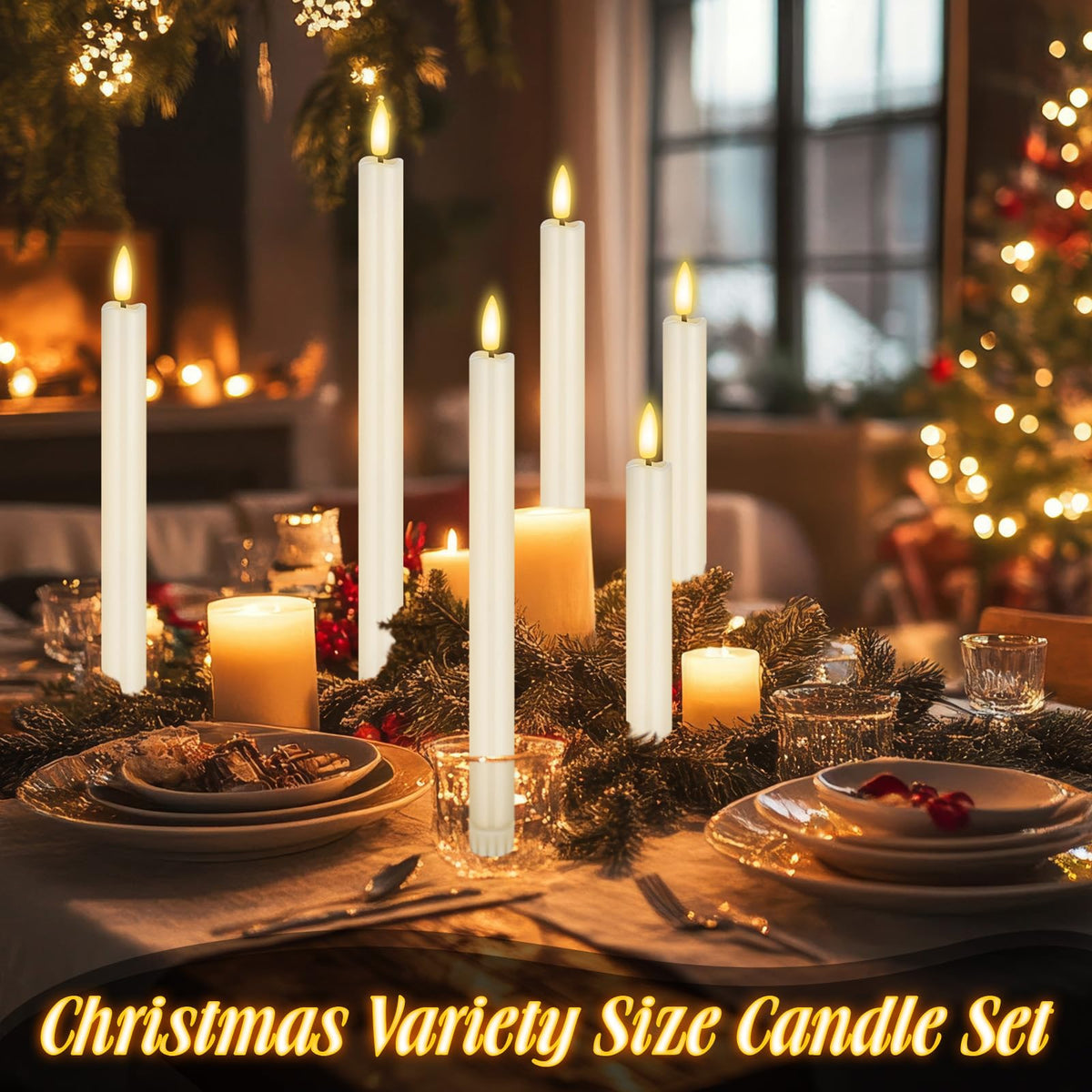 Rossesay 20 Pcs Flameless LED Taper Candles Battery Operated Taper Candles 5 Sizes of 6.5'', 7.7'', 8.8'', 10.0'', 11.2'' Flameless Candlesticks Flickering with 3D Flame for Wedding(Ivory White)