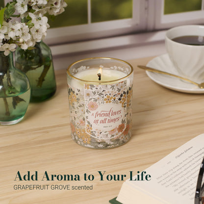 Christian Art Gifts Grapefruit Grove Scented Candle: Proverbs 17:17 Bible Verse, Soy Wax, Pure Essential Oils, Floral Design Glass Jar, Friendship Gift for Women, 40 Hours Burn Time