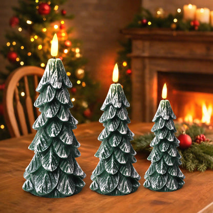 Peninpha 3Pcs Christmas Tree Candles with Remote Timer, Wax LED Flameless Candles Battery Operated with 3D Flickering Flame for Xmas Winter Décor,Green