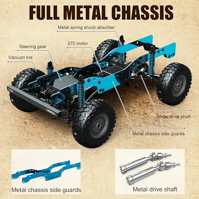 1:12 RC Car Toy 4WD 2.4GHz Remote Control Off-Road Crawler Vehicle IPX4 Waterproof 13MPH Full Metal Chassis with LED Lights Rechargeable Batteries for Adults Kids 8+ (Black)
