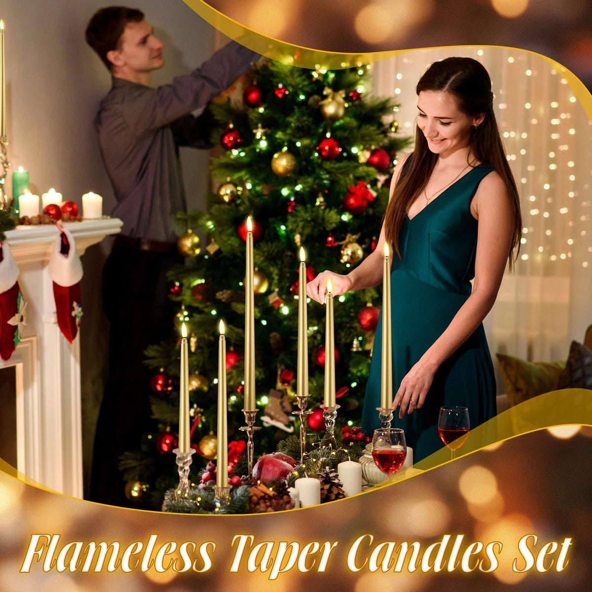 Rossesay 24 Pcs Flameless LED Taper Candles Battery Operated Candle 8.5", 9.65", 10.8", 12.8" Flameless Candlesticks Flickering for Christmas Church Wedding Indoor Decoration(Classic, Golden)