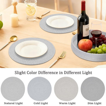 Round Placemats Set of 6 with Holder, Cotton Rope Woven Place Mats, Hot Pads for Kitchen, Heat Resistant Table Mats, 13 Inch Farmhouse Washable Braided Placemat for Kitchen Decor (Gray)