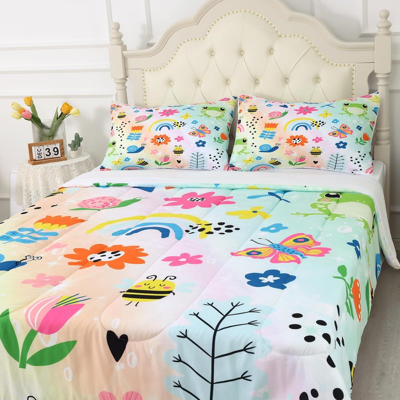 FUYEUN Rainbow Comforter Set Queen Size Cartoon Frogs Bedding Sets for Girls Kids Women Boys Flowers Butterfly Bees Snails Insects Cute Kawaii Quilt 1 Comforter + 2 Pillow Cases
