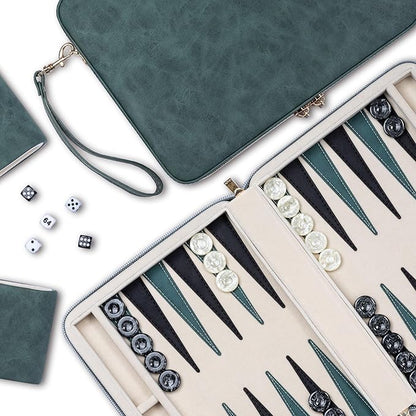 Backgammon Sets for Adults Classic Board Game with Folding Faux Leather Backgammon Case Portable Travel Backgammon Game Set (Green)