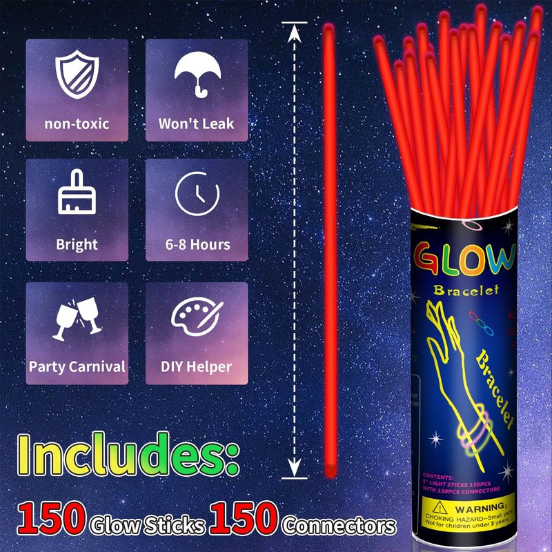 150 Pack 8” Red Glow Sticks Bulk with 150 Connectors Neon Glow In The Dark Party favors Supplies for Holiday Birthday Party Decoration (Red)