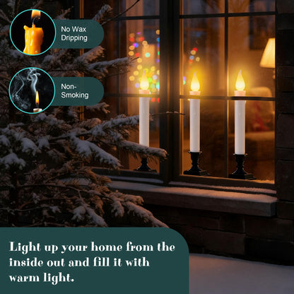 Enhon 12 Pack Battery Operated LED Window Candles, Dusk to Dawn Light Sensor, with Black Holders and Suction Cups, Ivory Christmas Window Candles, Amber Flicker Flame (Batteries AA Included)