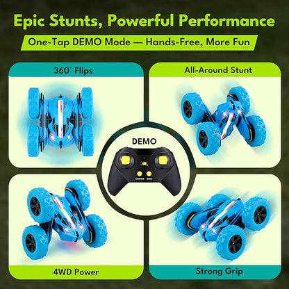 Threeking New Remote Control Car RC Flip Stunt Double Sided Driving Cars Toys for Boys Girls Ages 6-12 USB-C Modular Batteries 4WD 360° Flips with Breathing Soft Lights Presents Gifts Blue